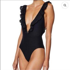 Avec Les Filles Black Standard Eyelet Plunge One Piece Swimsuit